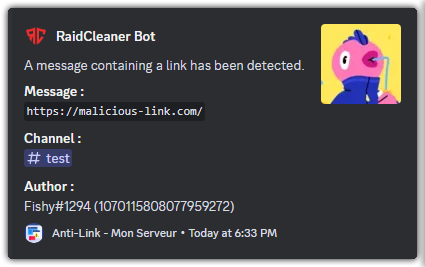 Exemple de message envoyé lorsque un lien est détecté